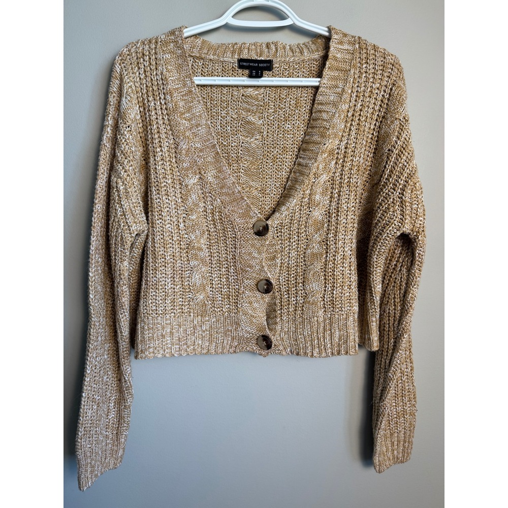 Streetwear Society Cable Knit Cropped Cardigan Sweater S Tan Womens Preppy Boxy